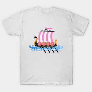 Pink and Black Cute Cartoon Viking Ship T-Shirt